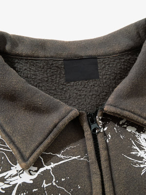 Skull Print Collared Zip-Up Sweat Jacket – Washed Olive, collar close-up | XoKool