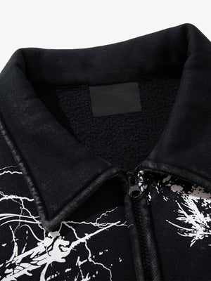 Skull Print Collared Zip-Up Sweat Jacket – Black, collar close-up | XoKool