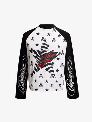Skull and Star Print Raglan Long Sleeve Shirt – Black White, front flat | XoKool