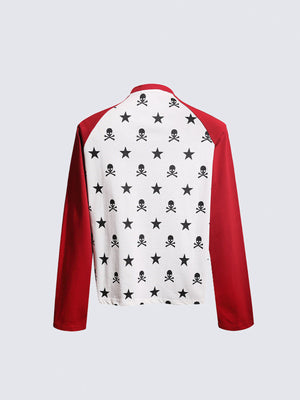 Skull raglan shirt – Red White, back flat | XoKool