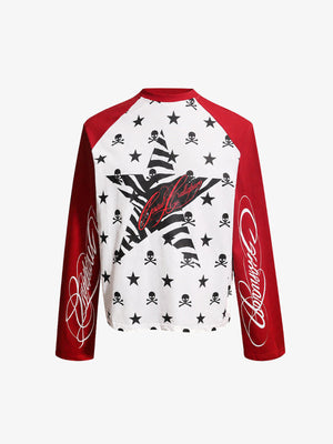 Skull and Star Print Raglan Long Sleeve Shirt – Red White, front flat | XoKool