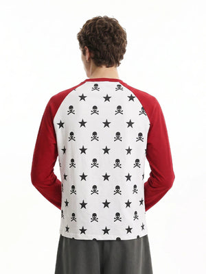 Skull raglan shirt – Red White, on model back | XoKool