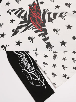 Skull raglan shirt – star print and sleeve script close-up | XoKool