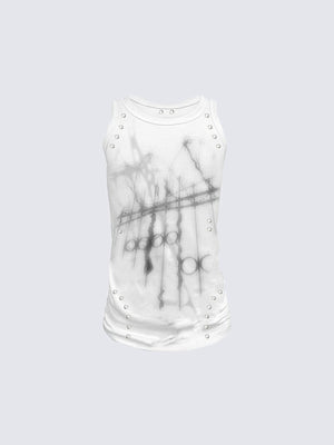Camiseta sin mangas gráfica slim fit con ojales metálicos – blanco, parte delantera plana | XoKool