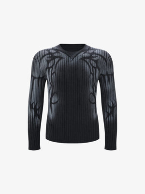 Slim Ribbed Tribal Sweater with Faux V Neck – Black, front view | XoKool