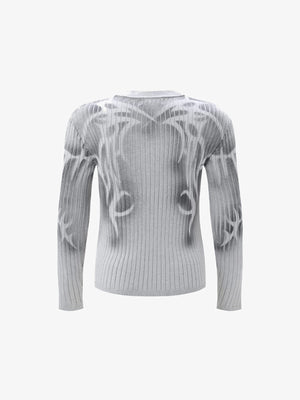 Slim Ribbed Tribal Sweater with Faux V Neck – Light Grey, back view | XoKool