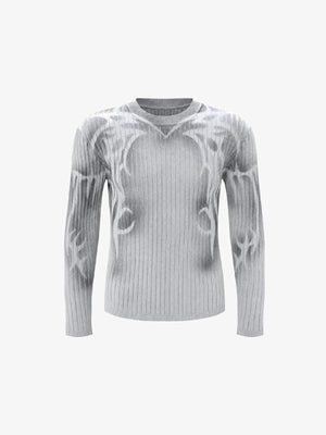 Slim Ribbed Tribal Sweater with Faux V Neck – Light Grey, front view | XoKool