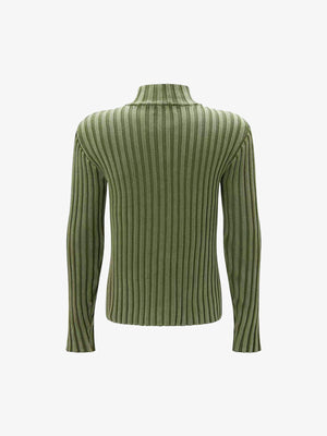 Slim Rippstrick Strickjacke mit Zwei-Wege-Reißverschluss und Stehkragen – Olivgrün, Rückansicht | XoKool