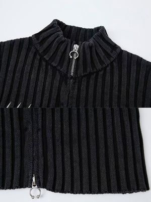 Geripptes Zip-Cardigan – Washed Black, Kragen und Saum im Detail | XoKool