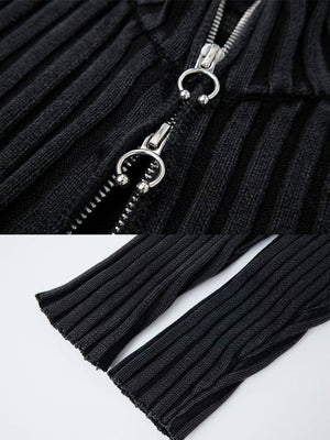 Geripptes Zip-Cardigan – Washed Black, Reißverschlusszieher und Bündchen im Detail | XoKool