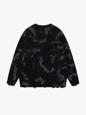 Smudge Dye Distressed Cable Knit Sweater – Black, back view | XoKool