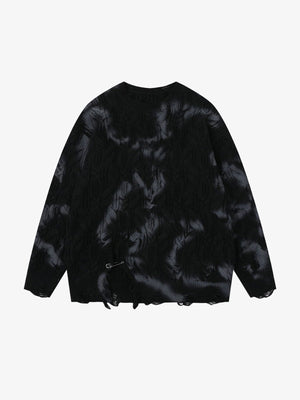 Smudge Dye Distressed Cable Knit Sweater – Black, front view | XoKool