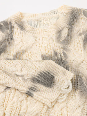 Distressed cable knit sweater – Cream, cable knit and cuff close-up | XoKool