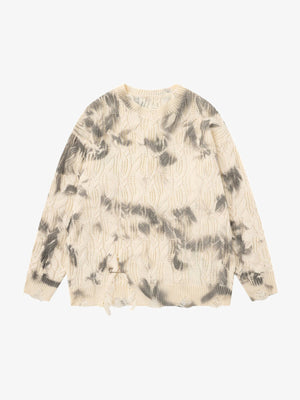 Smudge Dye Distressed Cable Knit Sweater – Cream, front view | XoKool