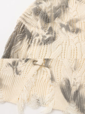 Distressed cable knit sweater – Cream, hem with safety pin and frayed edge close-up | XoKool