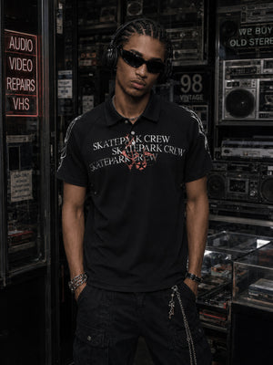 Snap Button Graphic Polo Shirt with Text Print – on model, Black, front | XoKool