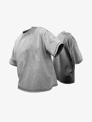 Snow Wash Boxy Cropped T-Shirt – Grey, front + back | XoKool
