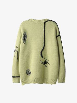 Suéter cuello redondo de punto desgastado con araña – Verde claro, vista trasera | XoKool
