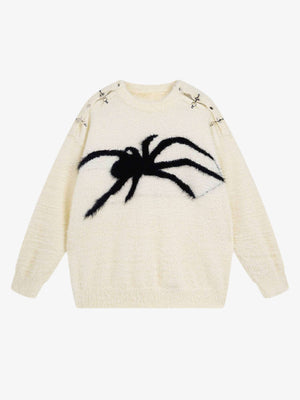 Fuzzy Spider Intarsia Crewneck Sweater – Cream, front view | XoKool