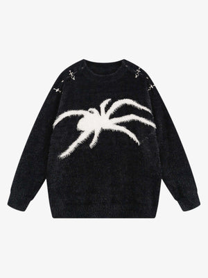 Fuzzy Spider Intarsia Crewneck Sweater – Black, front view | XoKool