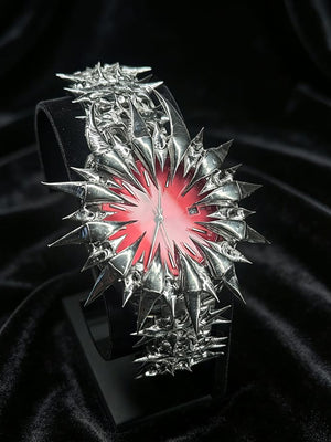 Spiked Gothic Watch with Silver-Tone Link Bracelet – Red dial on stand | XoKool