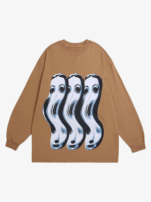 Sweatshirt mit verzerrtem Gesicht als Graphic – Hellbraun, Vorderansicht | XoKool