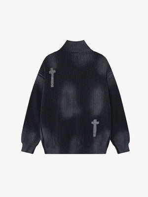 Spray Dye Strickjacke mit Kreuz-Reißverschluss und Stehkragen – Schwarz, Rückansicht | XoKool