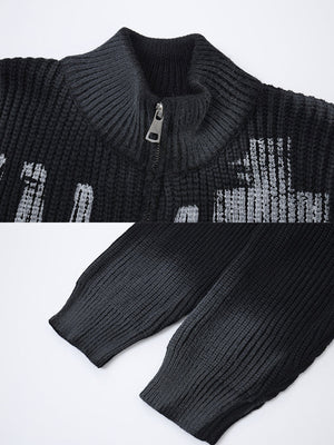 Strickjacke mit Kreuz-Reißverschluss – Schwarz, Kragen und Bündchen Nahaufnahme | XoKool