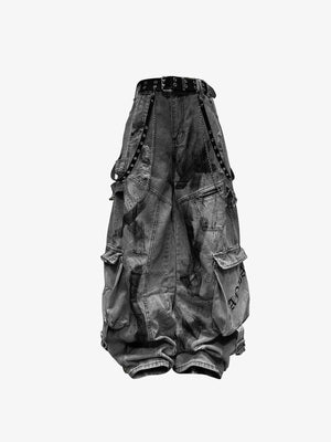 Baggy Cargo Jeans mit Spray-Paint-Optik in Grau oder Blau – Grau, vorne mit Gürtel | XoKool