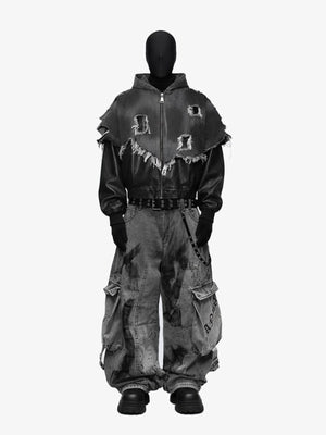 Baggy Cargo Jeans mit Spray-Paint-Optik in Grau oder Blau – Grau, an der Schaufensterpuppe mit passender Jacke | XoKool