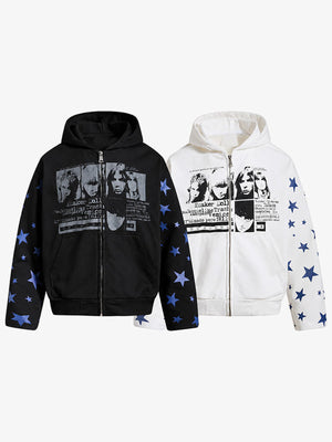 Stern Zip Hoodie – Schwarz und Weiß, zusammen flach ausgelegt | XoKool