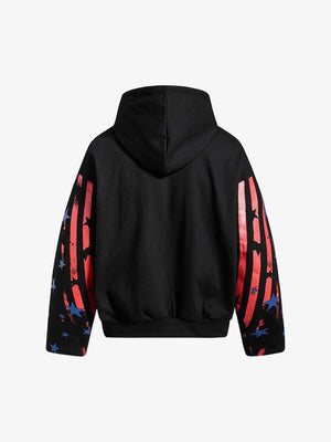 Zip Hoodie mit Stern-Ärmeln und Foto-Print – Schwarz, Rückansicht mit roten Streifen an den Ärmeln | XoKool