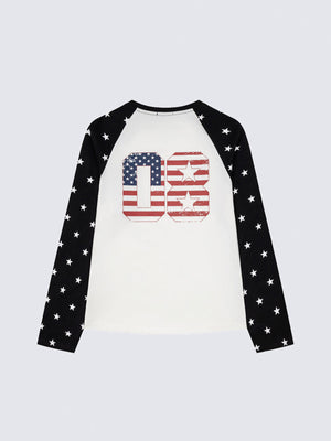 Star Sleeve Raglan Baseball Tee with Flag 08 Print – Black/White, back with flag 08 print | XoKool