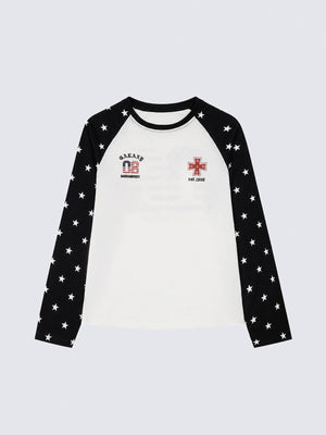 Star Sleeve Raglan Baseball Tee with Flag 08 Print – Black/White, front with small chest print | XoKool