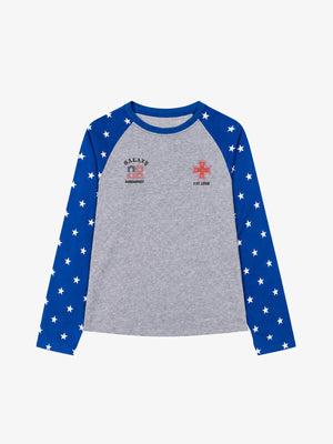 Star sleeve raglan tee – Blue/Grey, front | XoKool