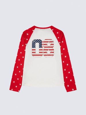 Star Sleeve Raglan Baseball Tee with Flag 08 Print – Red/White, back with flag 08 print | XoKool