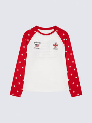 Star Sleeve Raglan Baseball Tee with Flag 08 Print – Red/White, front | XoKool