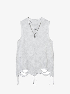 Ripped Tanktop mit Sternen-Sprenkeln und Doppelkette – Hellgrau, Vorderansicht mit Kette | XoKool