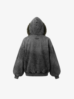 Stone Wash Fur Trim Zip Up Hoodie – back flat | XoKool