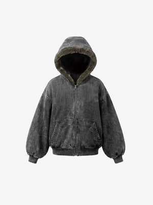 Stone Wash Fur Trim Zip Up Hoodie – front flat | XoKool