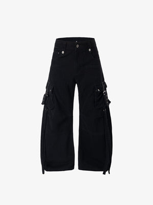Strap Cargo Pants with Buckle Flap Pockets – Black, front view | XoKool
