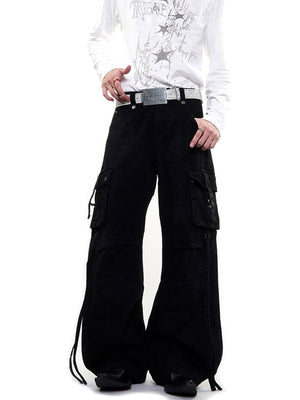 Strap Cargo Pants with Buckle Flap Pockets – Black, on model front | XoKool
