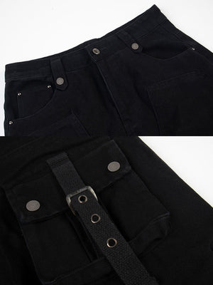 Strap cargo pants – Black, waist and strap close-up | XoKool