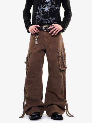 Strap Cargo Pants with Buckle Flap Pockets – Brown, on model front | XoKool