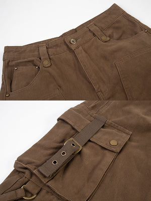 Strap cargo pants – Brown, pocket and buckle close-up | XoKool