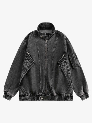 Washed Black Jeansjacke mit Reißverschluss und Stehkragen – Washed Schwarz, Vorderansicht, Stehkragen | XoKool