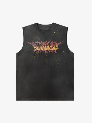 Washed Streetwear Tanktop mit spitzen Farbbuchstaben – Washed Schwarz, Vorderansicht flach | XoKool