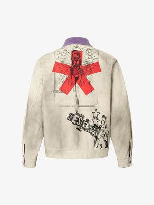 Cremefarbene Detroit Jacke mit lila Cord-Kragen – Rückansicht | XoKool