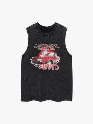 Washed Tanktop mit Vintage-Auto-Print – Schwarz, Vorderansicht flach | XoKool