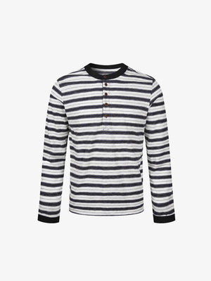 Gestreiftes Henley Longsleeve – Weiß / Marineblau gestreift, Vorderansicht | XoKool
